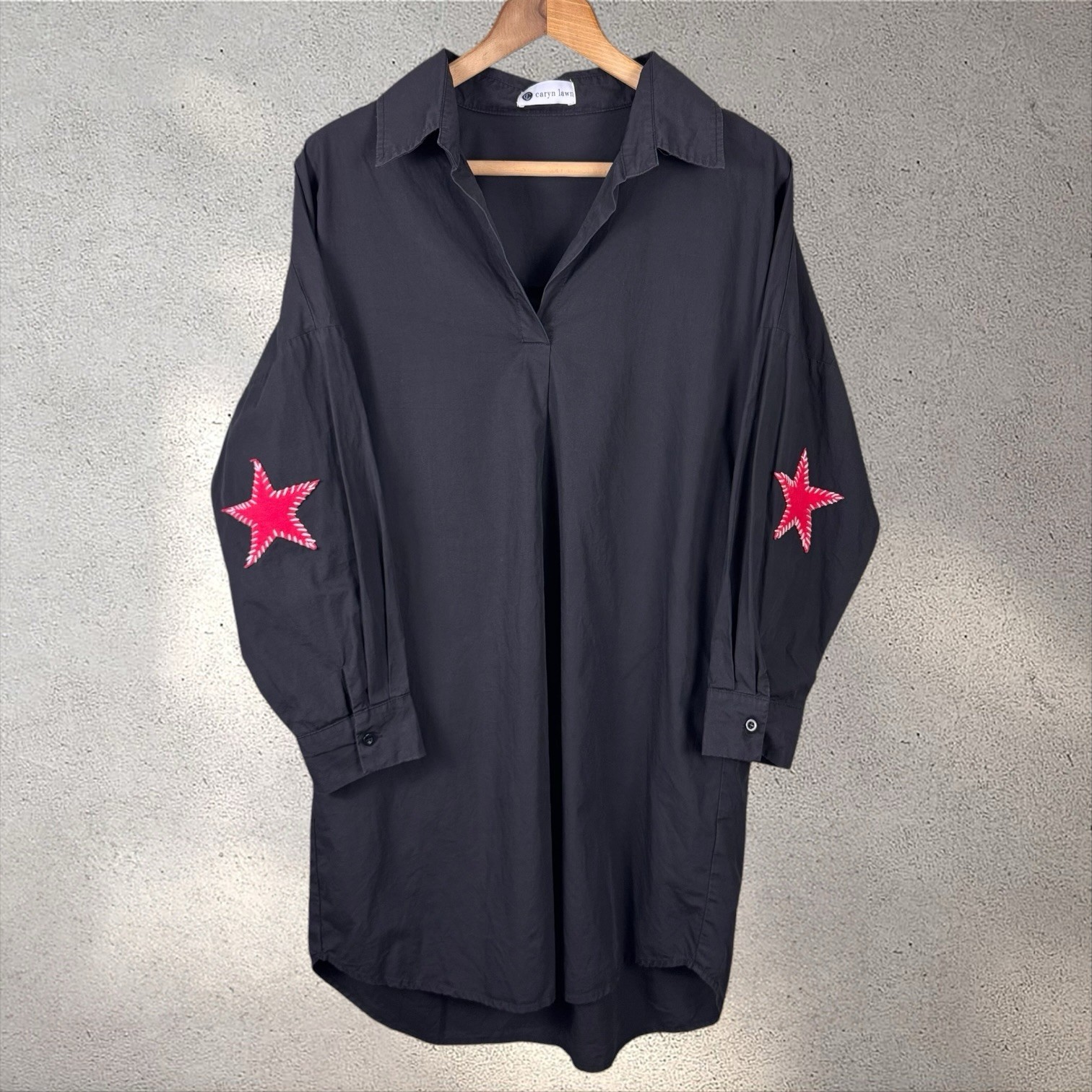 Caryn Lawn Preppy Star Black Tunic Dress with Red Star Accents OSFM One Size