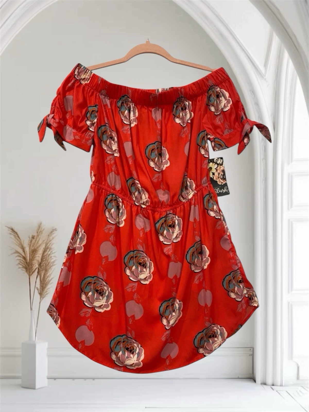Womens Red Floral Off The Shoulder Mini Tunic Dress Size Small Lightweight NWT