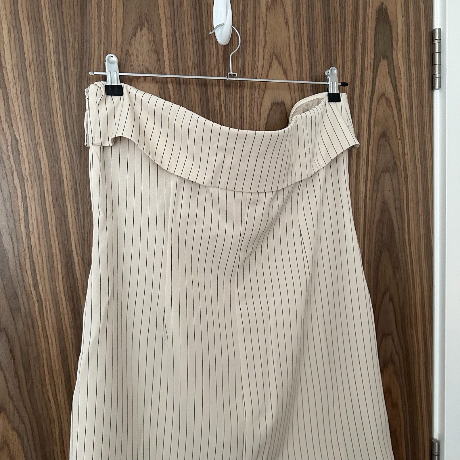 Extro & Vert Beige Pinstripe Tailored Fold Over Bandeau Split Mini Dress 16 NEW