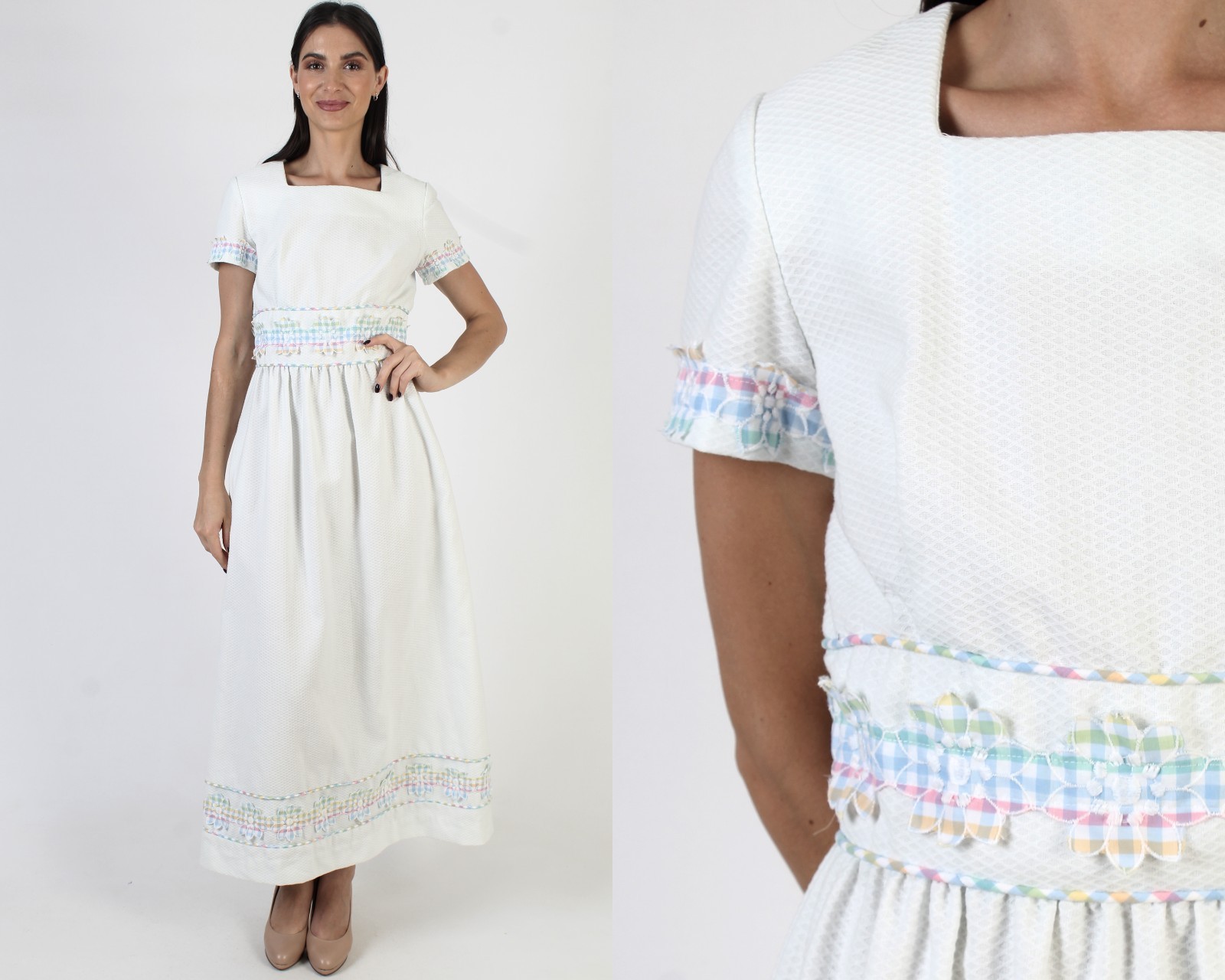 Vtg Lori Till Neiman Marcus Dress 70s Waffle Fabric Prairie Cottagcore Pastel