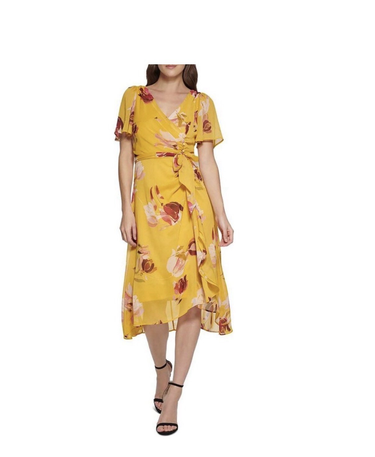 DKNY Yellow White Floral Midi Wrap Dress Tie Waist Flutter Sleeve Size 4