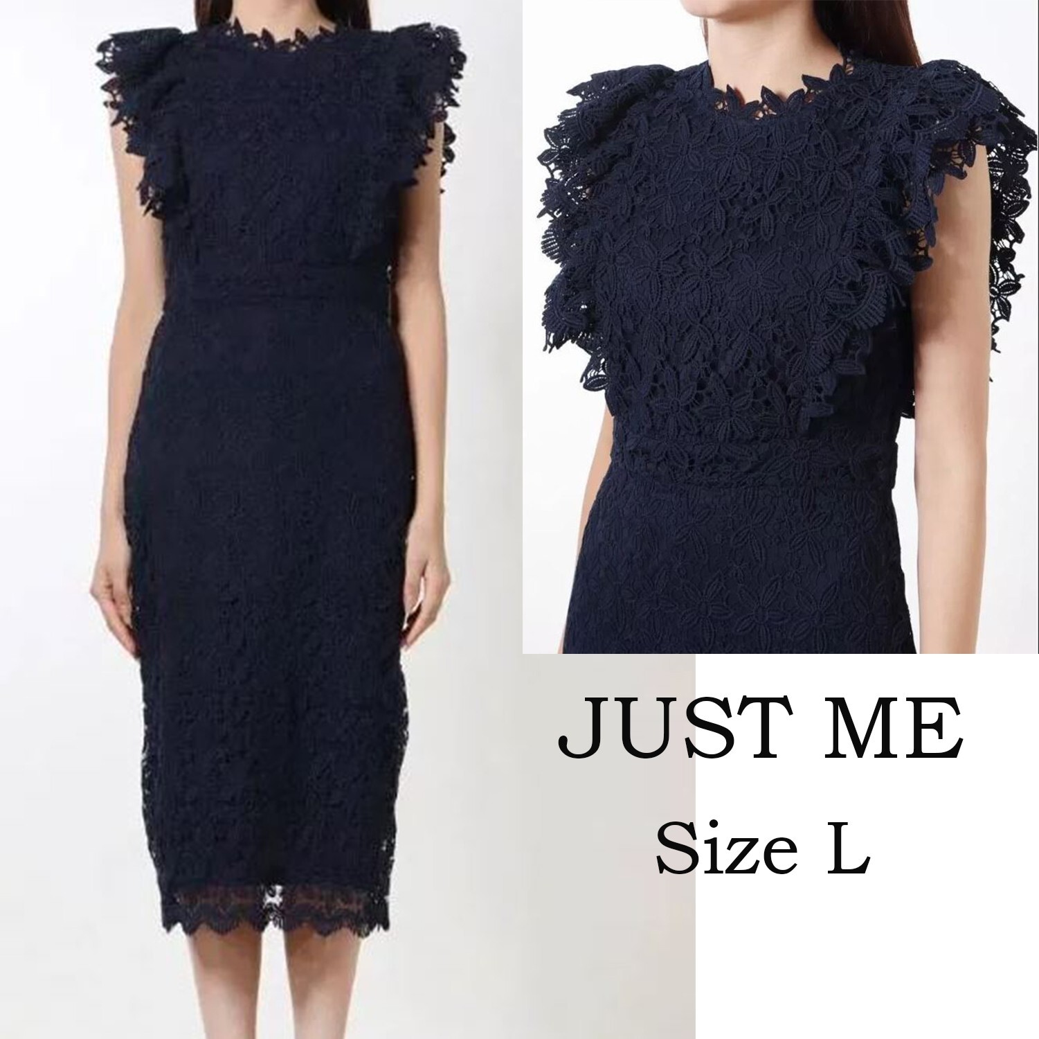 Just Me Navy Lace Ruffle Sleeve Sheath Dress L Midi Lined Elegant No Stretch