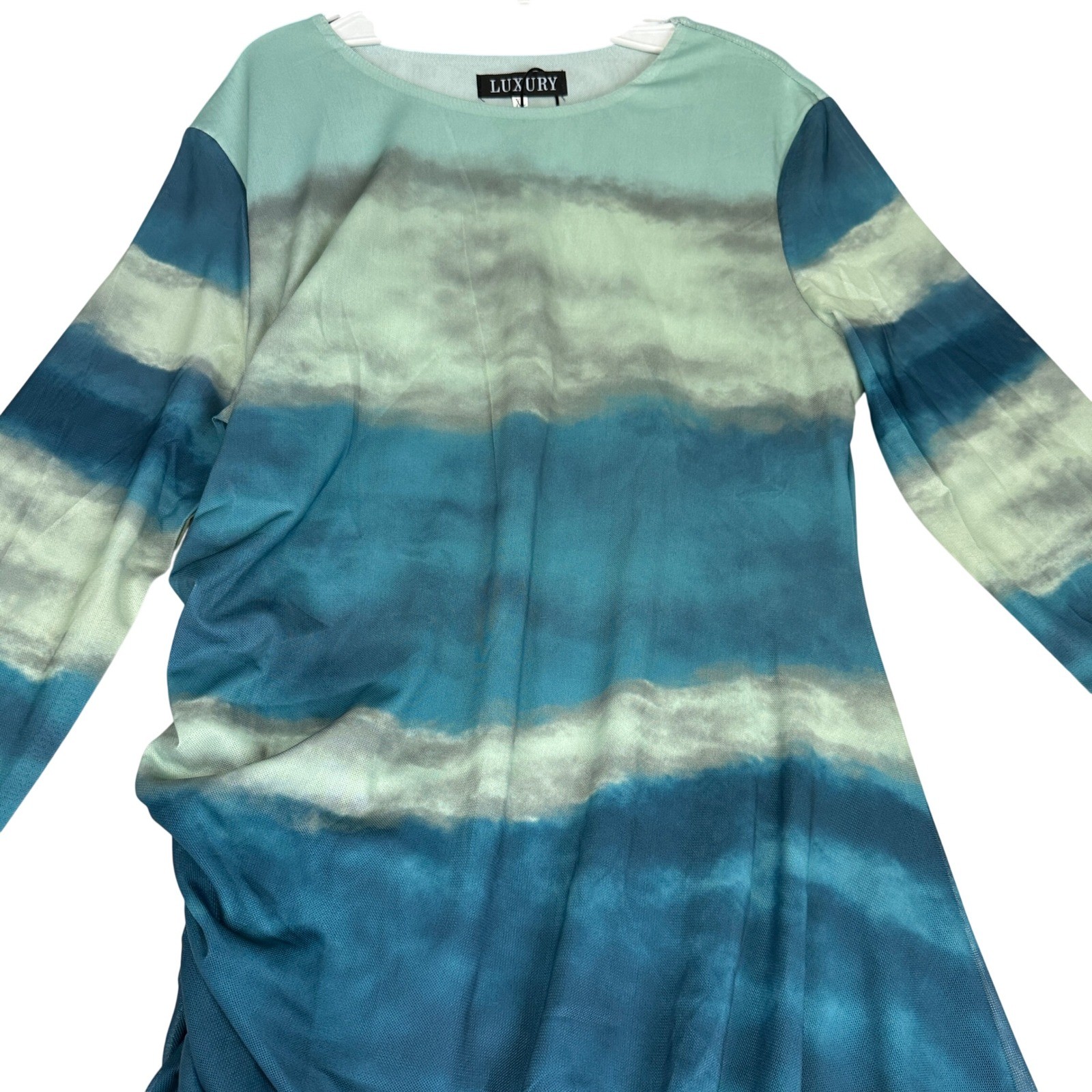Luxury Tie Dye Maxi Dress Blue Green Ruched Long Sleeve Women’s size XL