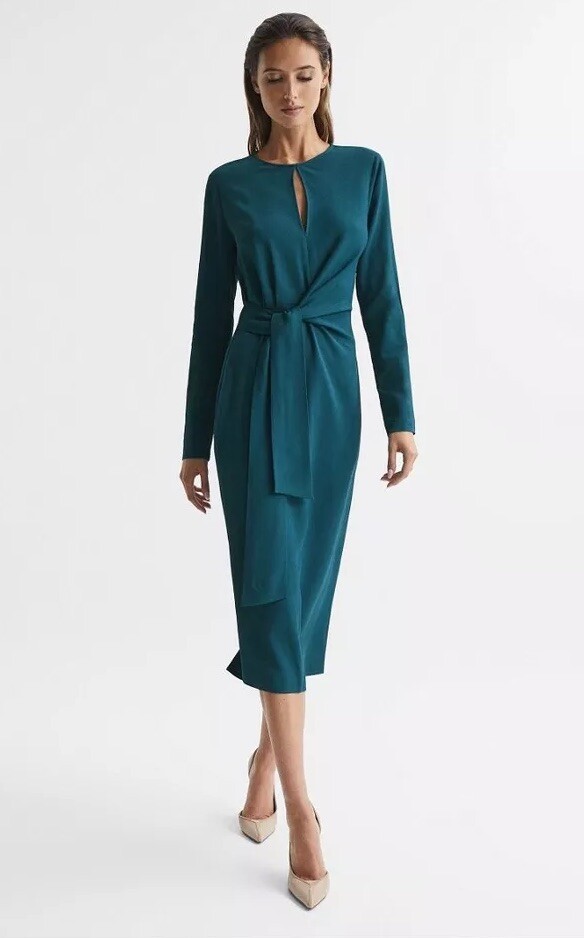 REISS Valentina Tie Waist Bodycon Midi Dress Teal Green UK Size 6