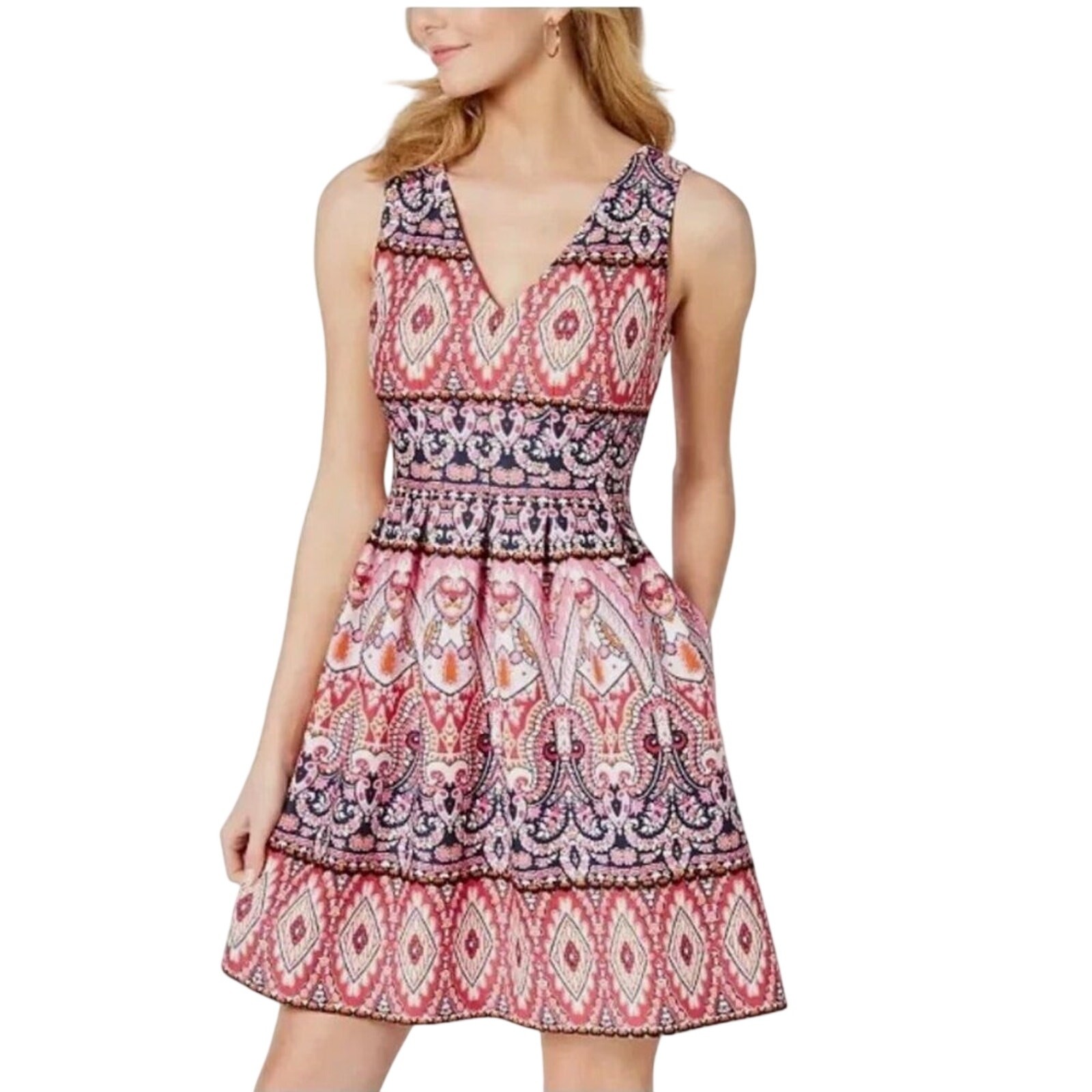 Vince Camuto Geometric paisley sleeveless mini Dress pink blue 8 boho tribal