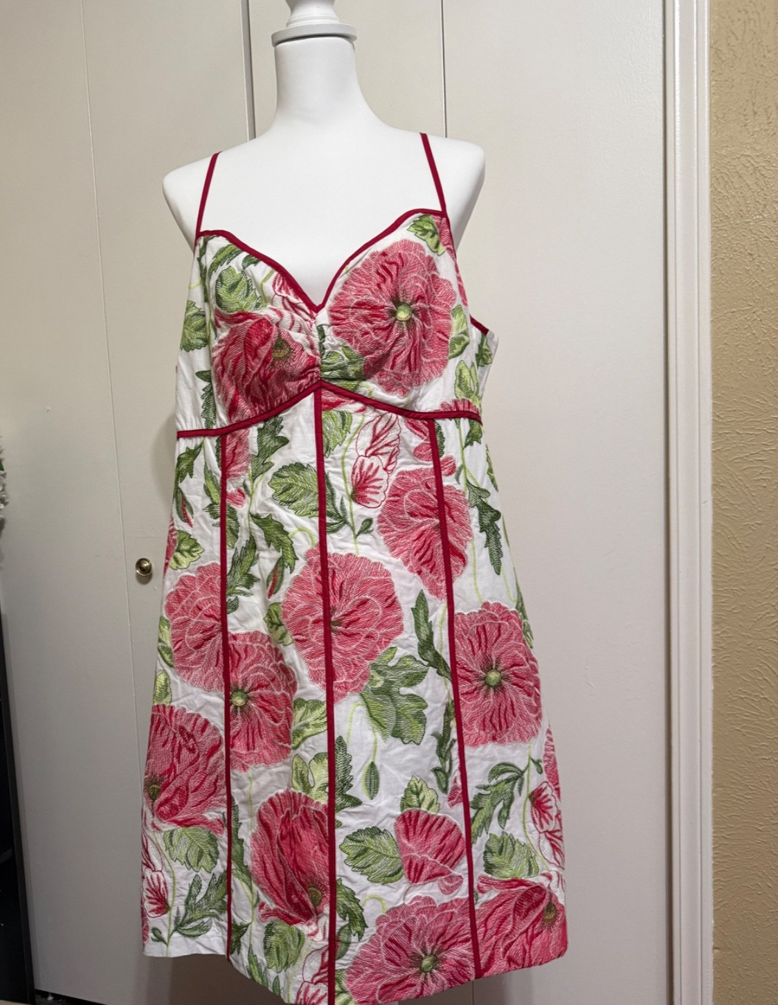 Adelyn Rae Women’s Embroided Dress XXL Floral Spaghetti Strap White Red Green