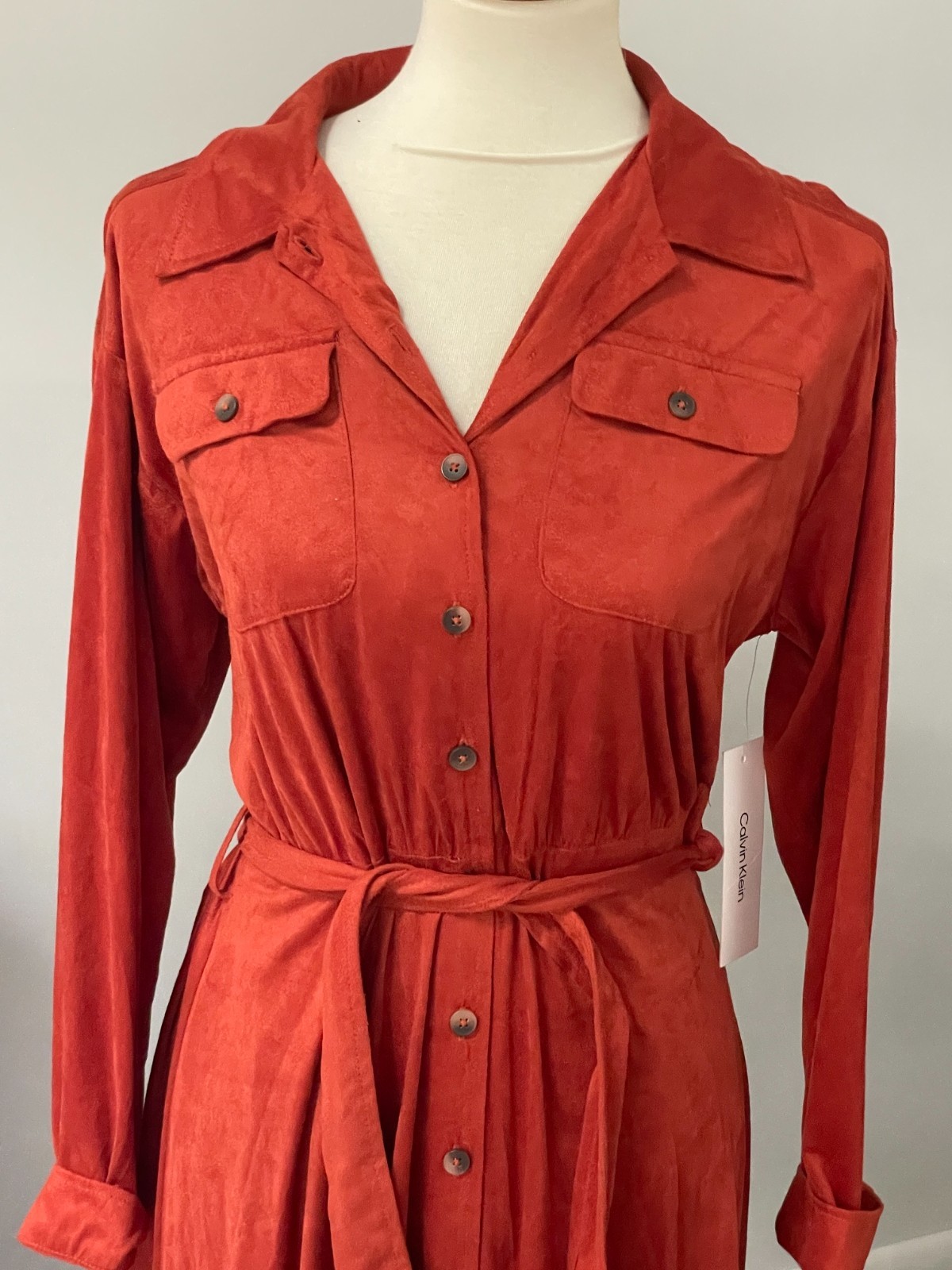 NWT Calvin Klein burnt orange/rust suede style collared dress w/belt, sz 6