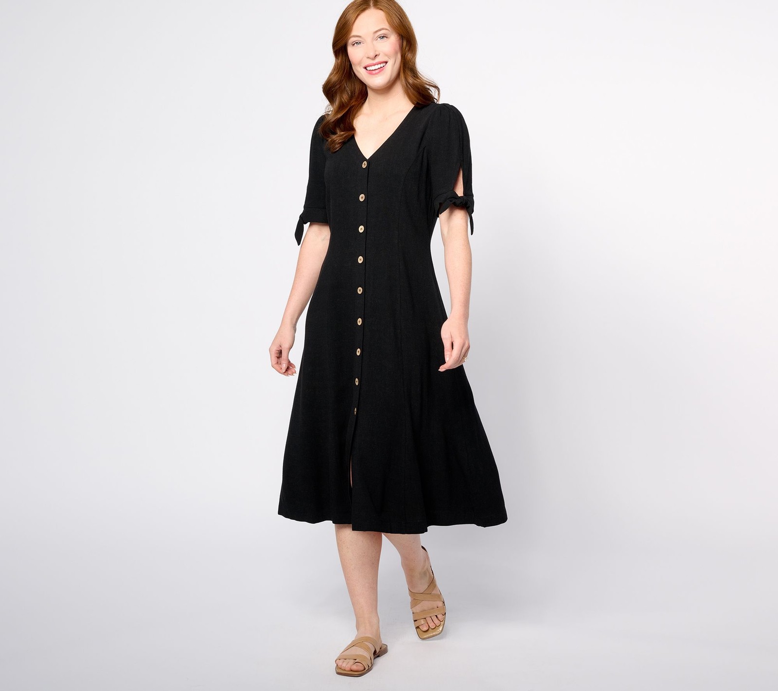 Susan Graver PURE Regular Linen Blend Tie Sleeve Midi Dress Black L New