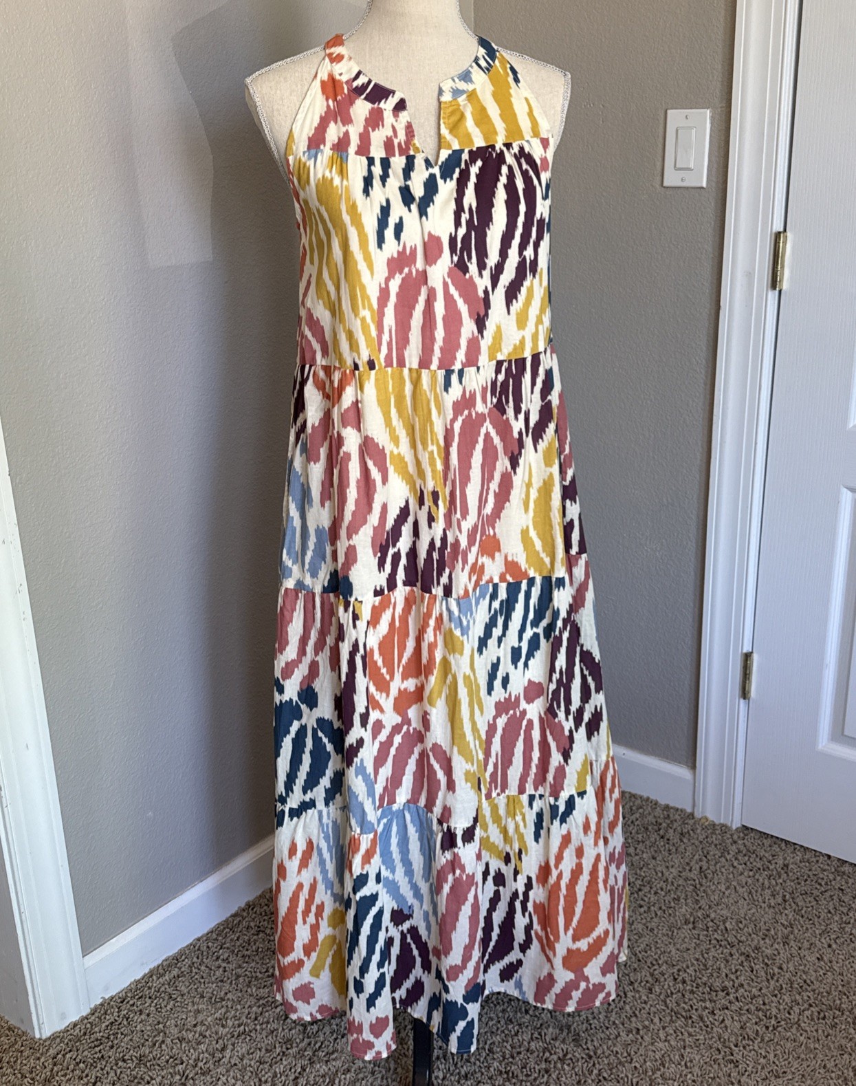 T Tahari Multi Color Cotton Tiered Midi Summer Dress Small NWT