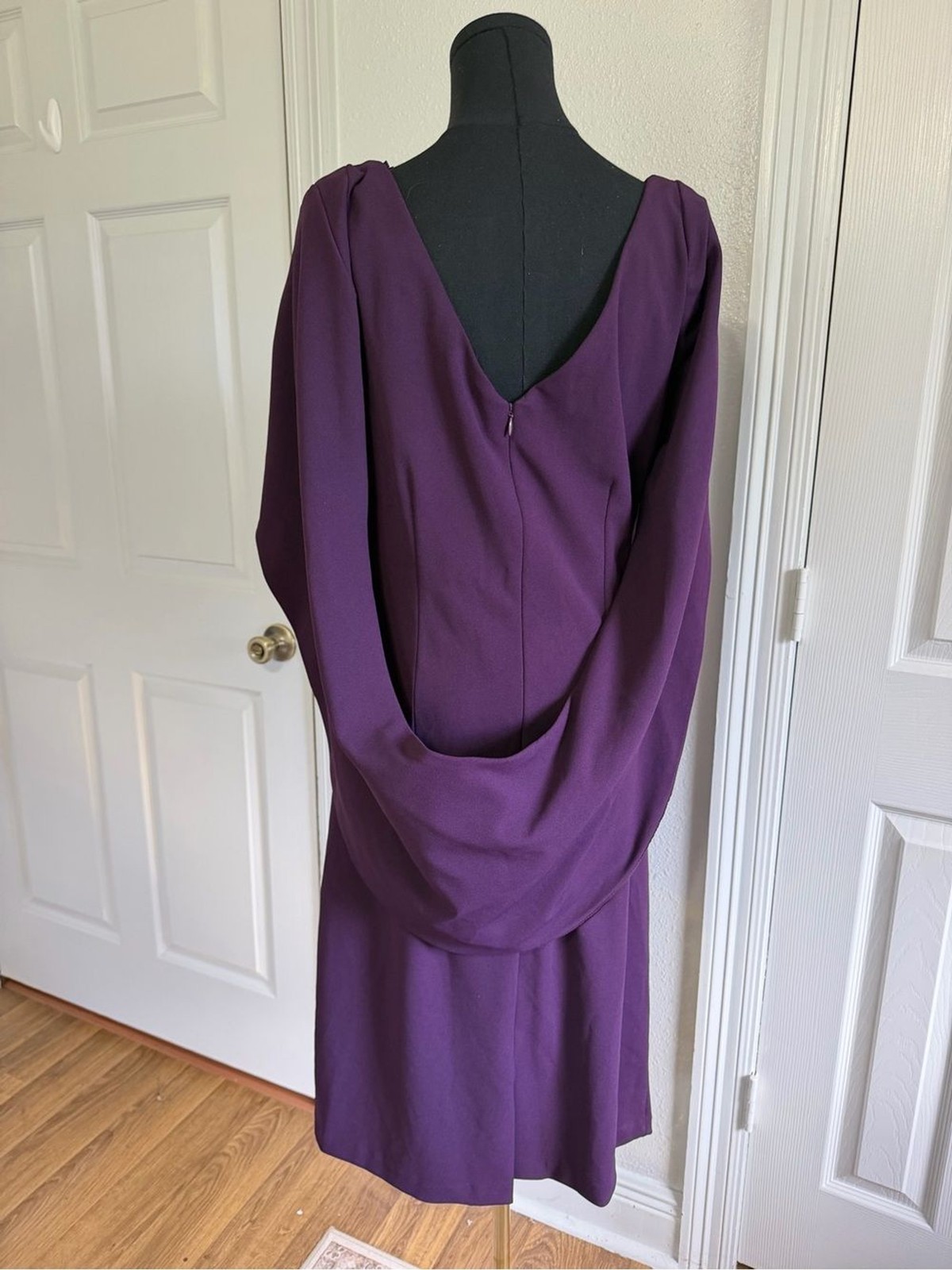 Betsy & Adam Aubergine Draped Cape Back Cocktail Dress 14 Ruched Sheath MOB