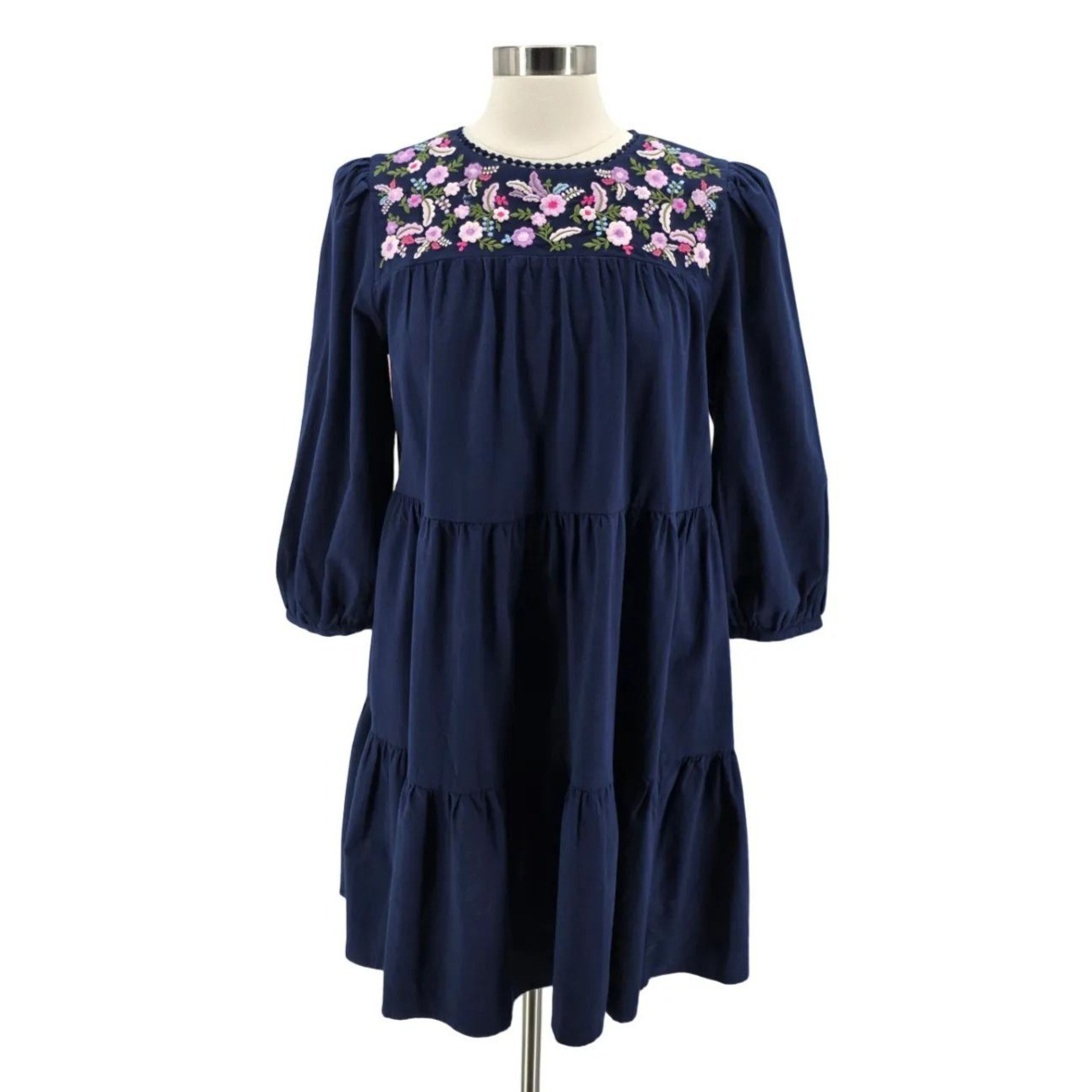 NEW Crown & Ivy Womens Medium Dress Harbor Navy Embroidered Floral Peasant Boho