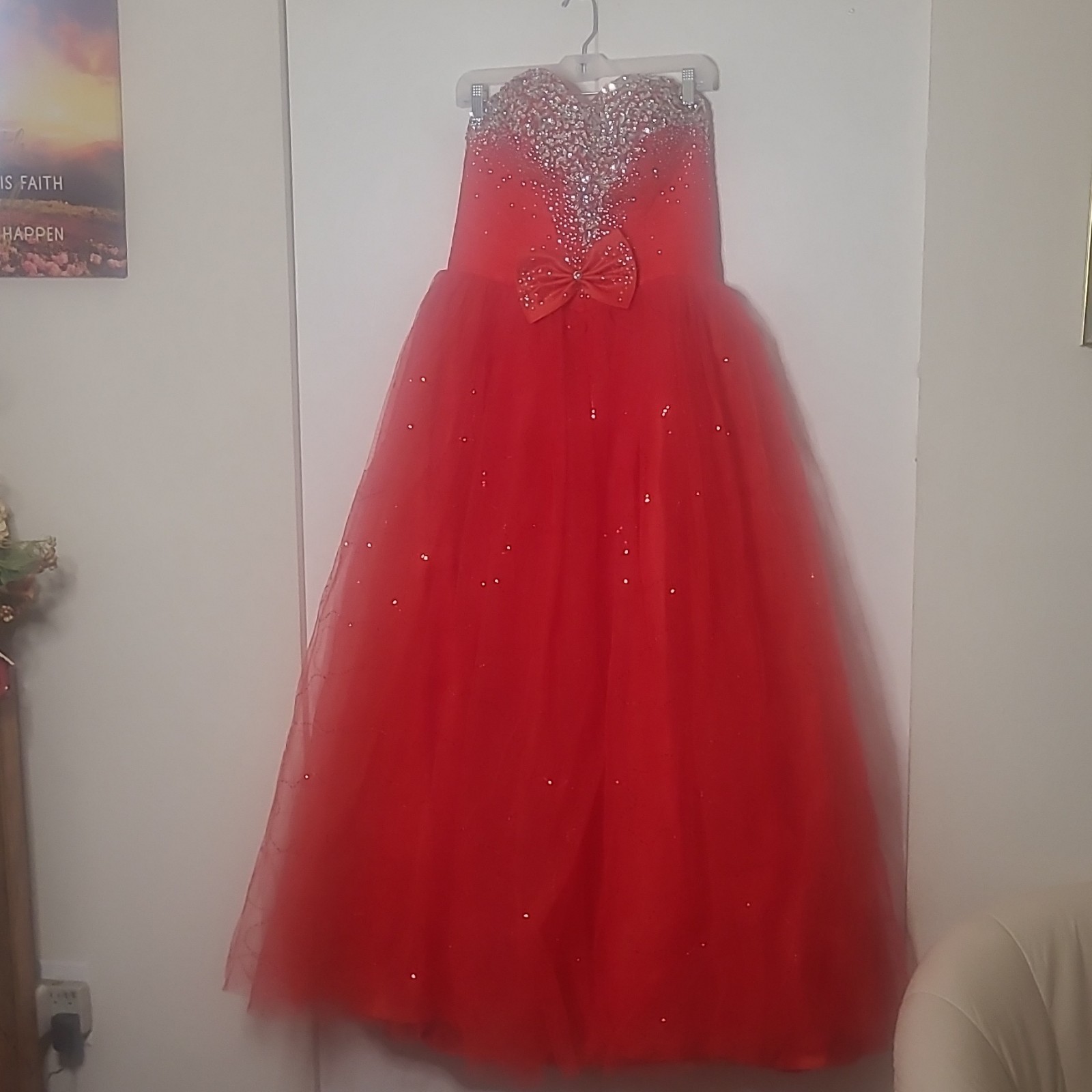 Red Strapless Sweetheart Rhinestone Bow Corset Lace-Up Tulle Long Gown XXL