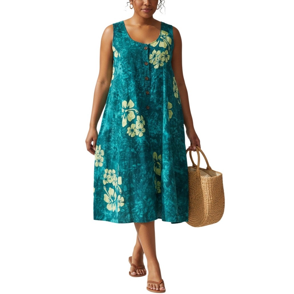 Vintage 00s Teal Green Yellow Hibiscus Floral Rayon Button Front Midi Dress XL