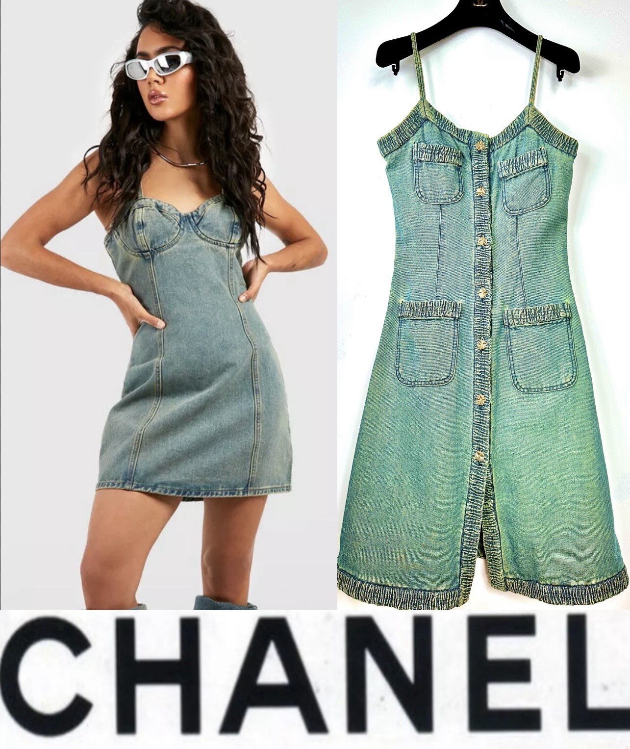 Chanel Vintage 2001 Barbie Blue Denim Midi Dress 36 38 4 6 Vtg Logo Button S M