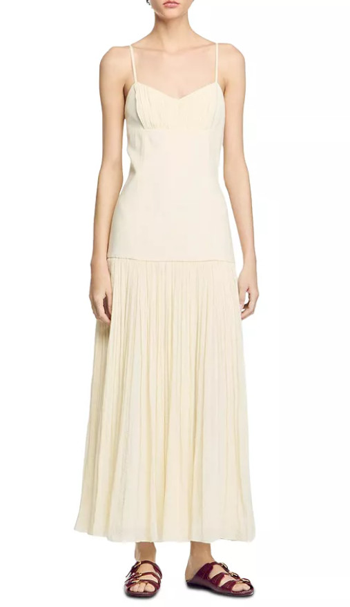 Sandro women’s Ecru Pleated Maxi Dress – size 6 / 38 FR – retail $580