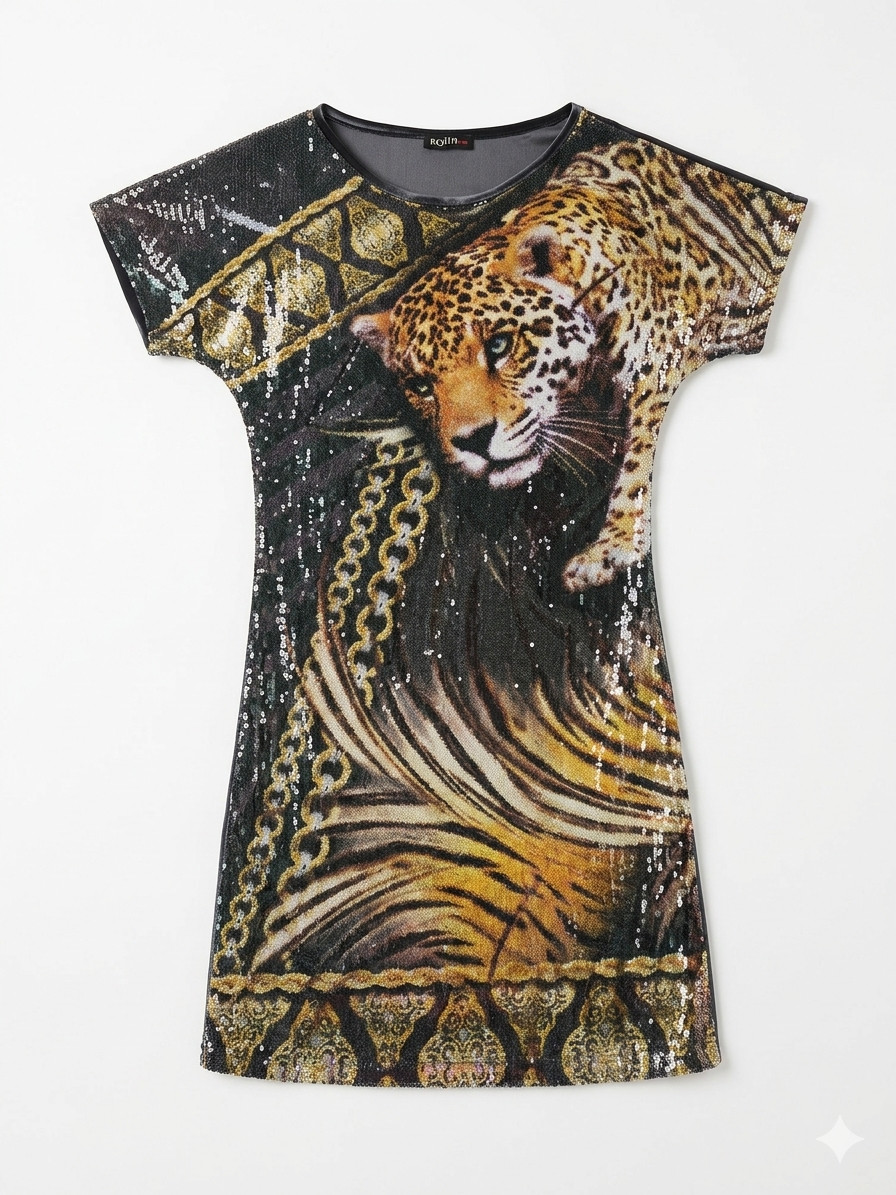 Womens Sequin Velvet Dress Leopard Animal Print Gold Chain Party Short Sleeve