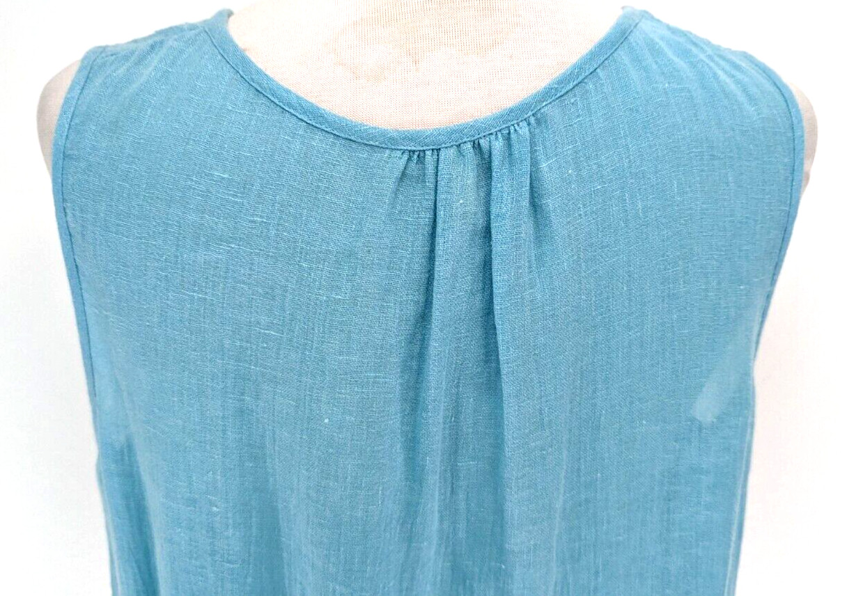 EILEEN FISHER 100% ITALIAN Linen AQUA Sleeveless A-Line Dress Tie Front L VEUC!*