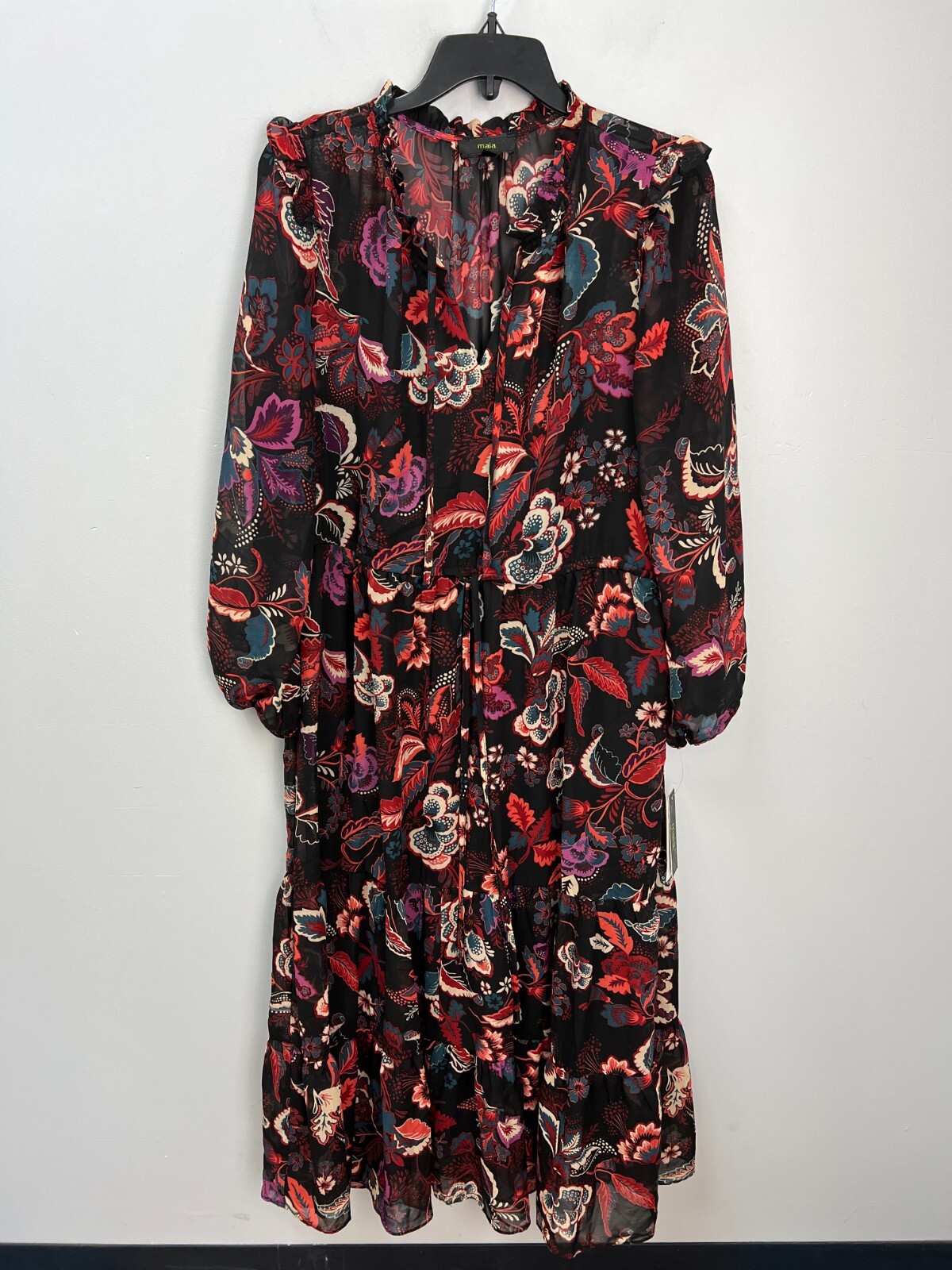 Maia Black Red Floral Long Sleeve Tie Waist Dress Women’s Sz 10 Sheer w/ Slip