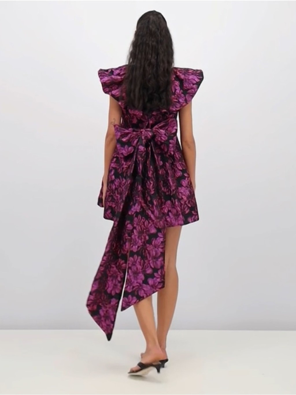 Amy Lynn Jaime ruffle sleeve mini dress with bow back pink floral jacquard Small