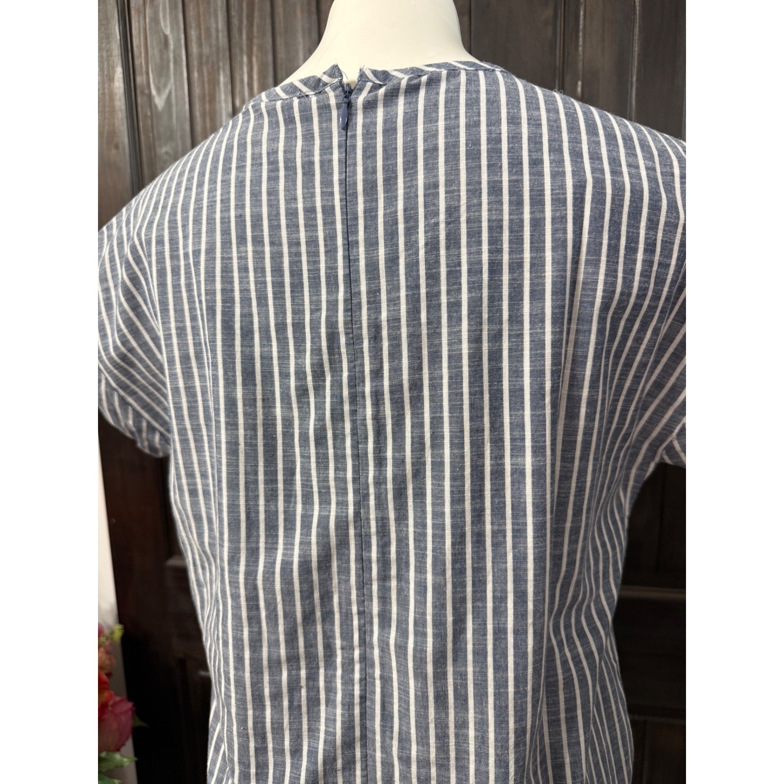 Appleseeds Blue White Striped Shift Dress Womens 8 Short Sleeve Pocket