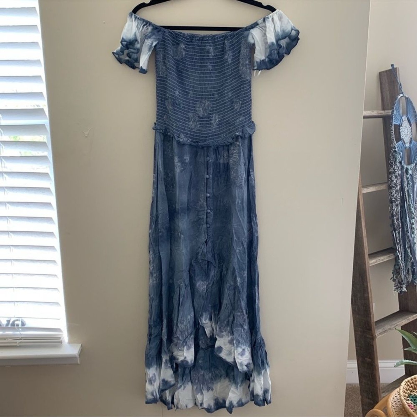 Surf Gypsy Blue Tie Dye Smock Top High-Low Maxi Dress with Flutter Sleeve
