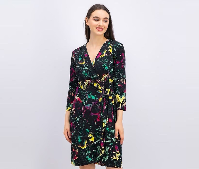 NWOT BCBGMaxazria Adele Short Wrap Dress Black Multicolor Print NEW 3/4 Sleeve