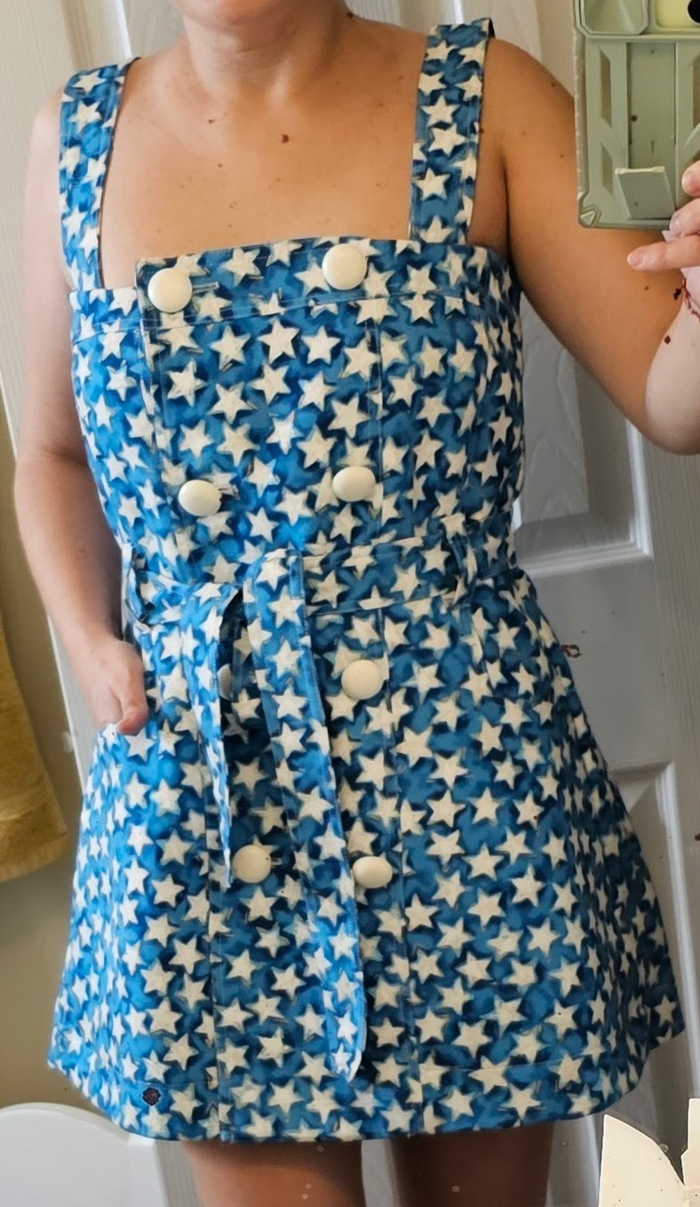 CELINE White Stars on Blue Cotton Mini Dress with Straps and Buttons Down Size S
