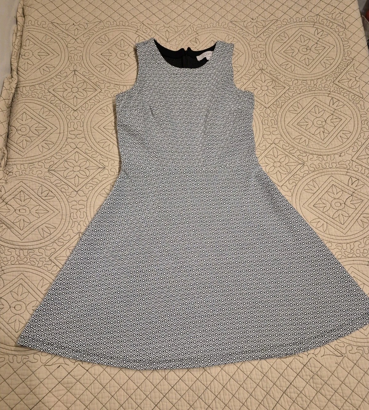 Ann Taylor Loft Women’s 00P Petite Ponte Fit’n’Flare Dress Jacquard White Black
