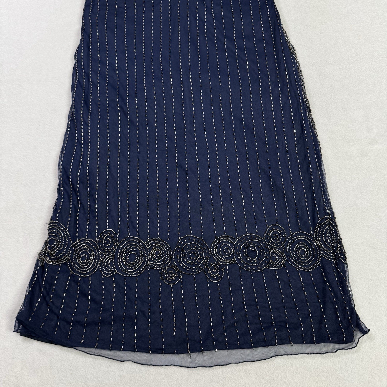 Pisarro Nights Size 16 Beads Blouson Gown Cold Shoulder 3/4 Split Sleeve NavyNWT