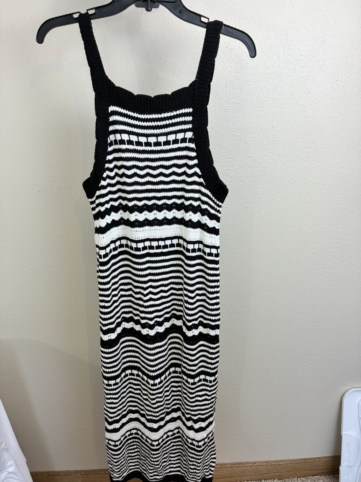 Joie Black White Striped Knit Crochet Dress Size L Designer Resort Beachwear