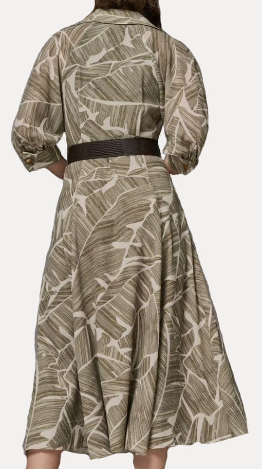 NWT Donna Karan NY Leaf Print Collared Belted Lined Shirt Dress, 8, Olive, $199