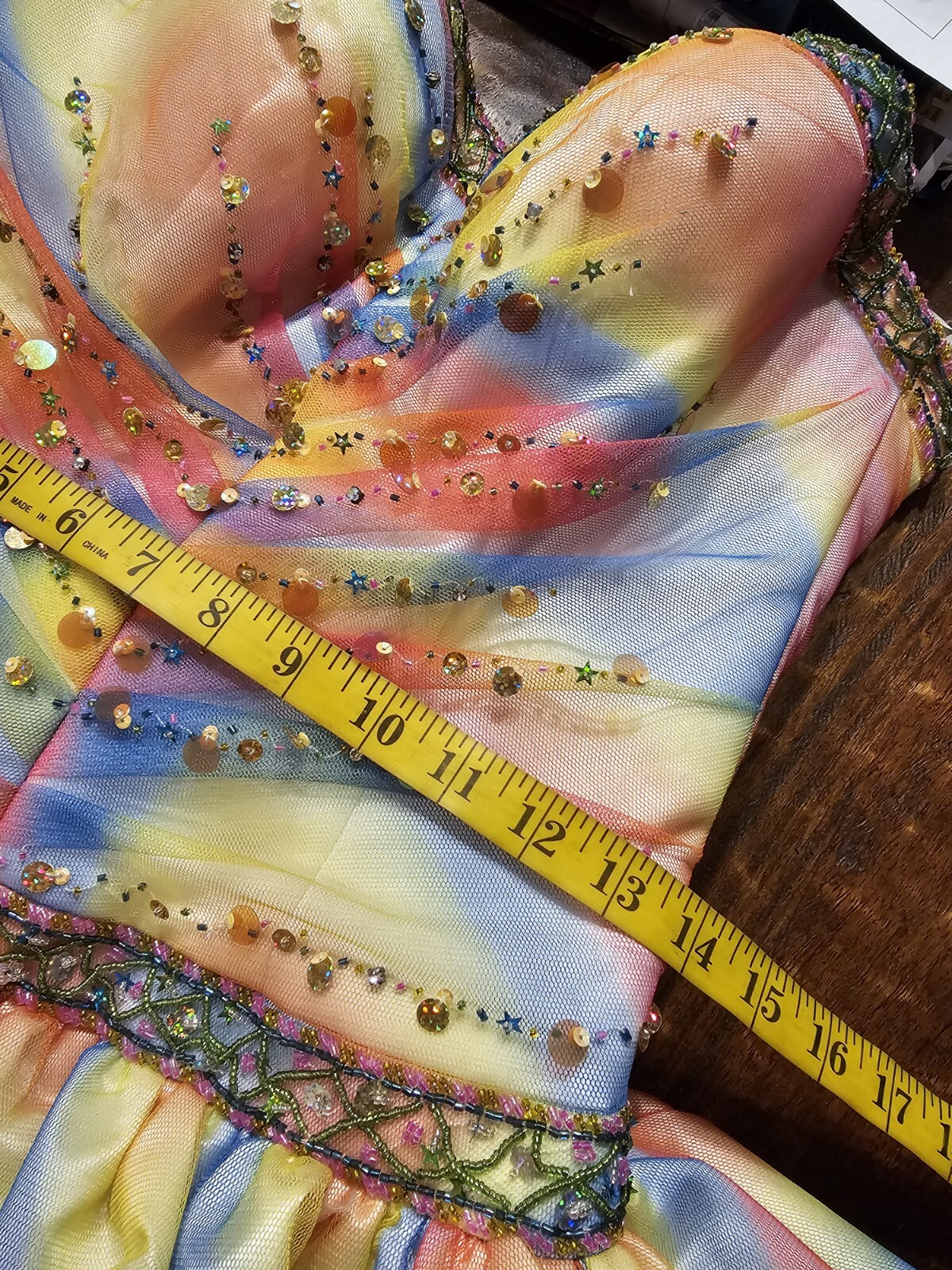 Xcite Pink Yellow Blue Beaded Sequin Pleated Multicolor Rainbow Ballgown 8