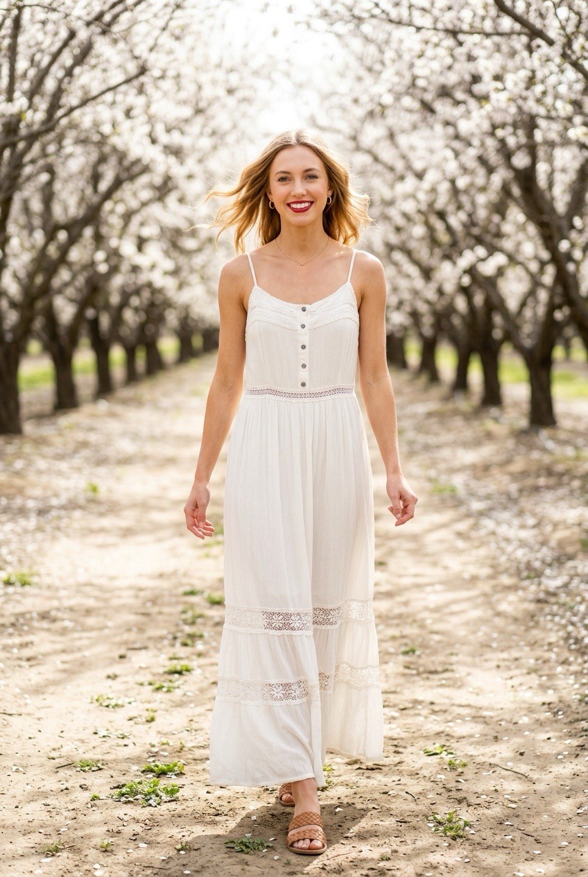 Boho White Maxi Dress Size Small Lace Trim Button Front Cottagecore Festival