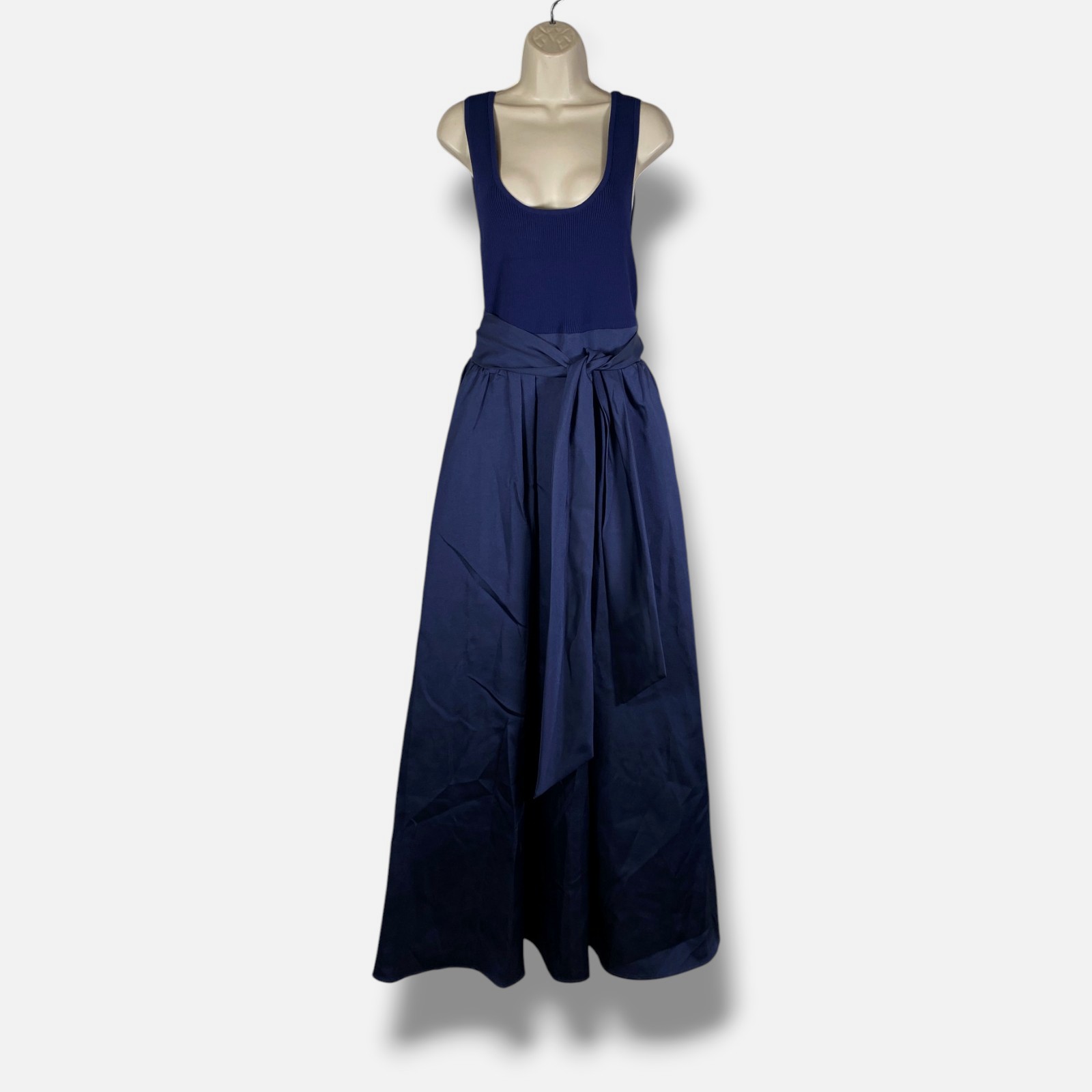 Shoshanna Women’s Blue Mixed-Media Square Neck Self-Tie Mercer Dress Size M