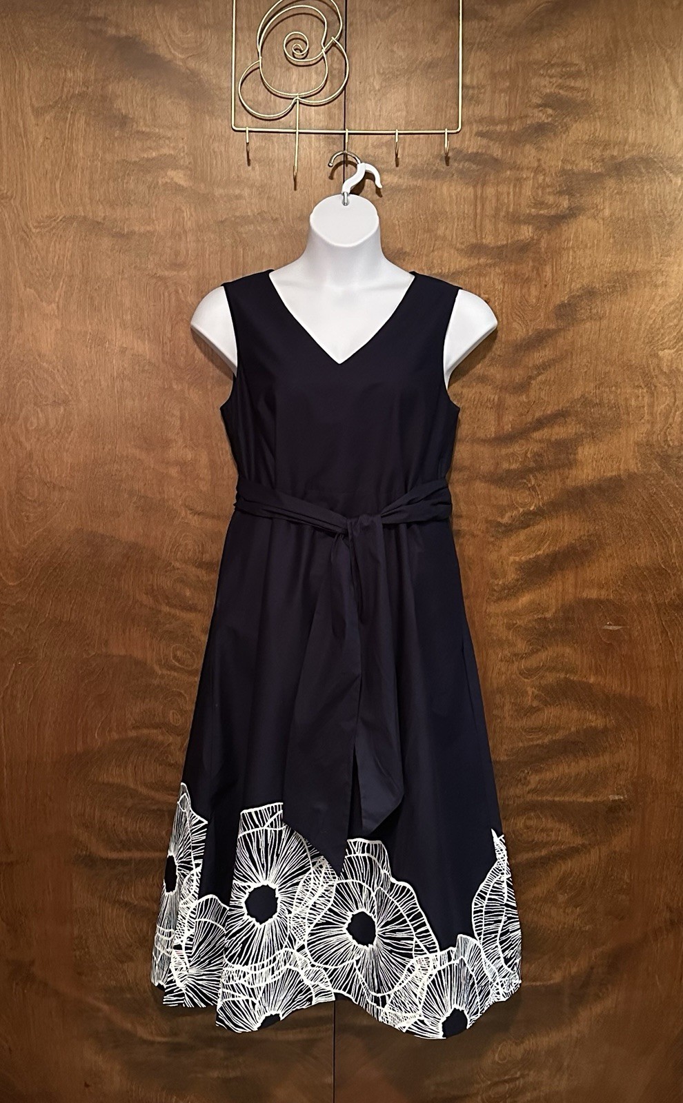 Anne Klein Sleeveless Border Print Midi Dress Womens 10 Navy & White A-Line NWT