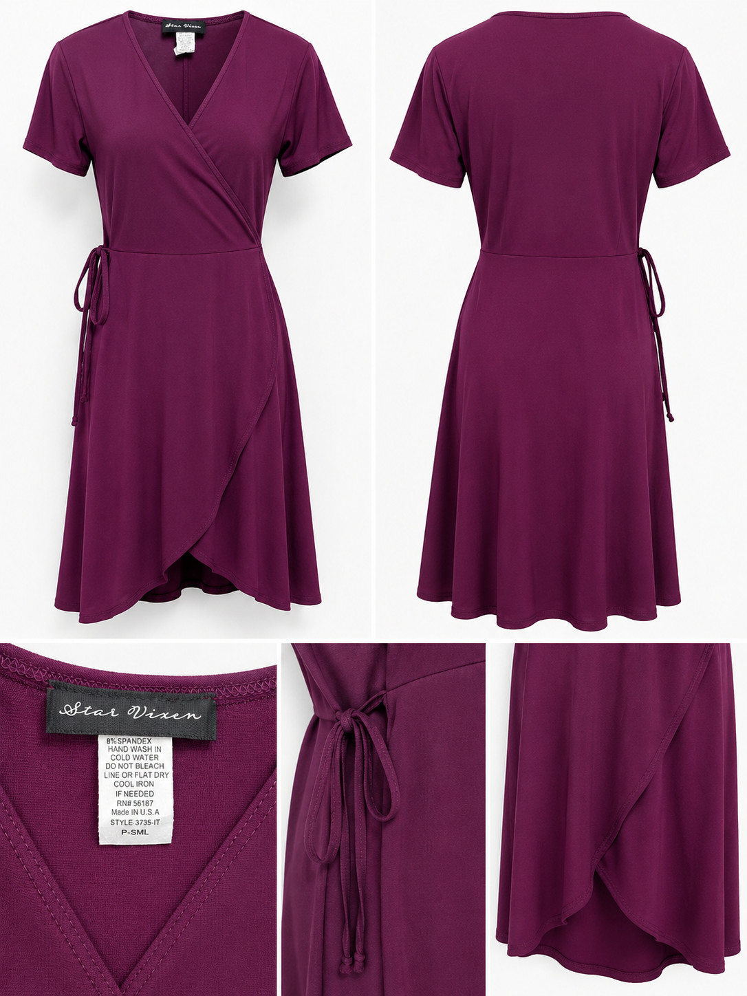 Star Vixen Petite Small Plum Faux Wrap Dress Short Sleeve Made in USA P-SML