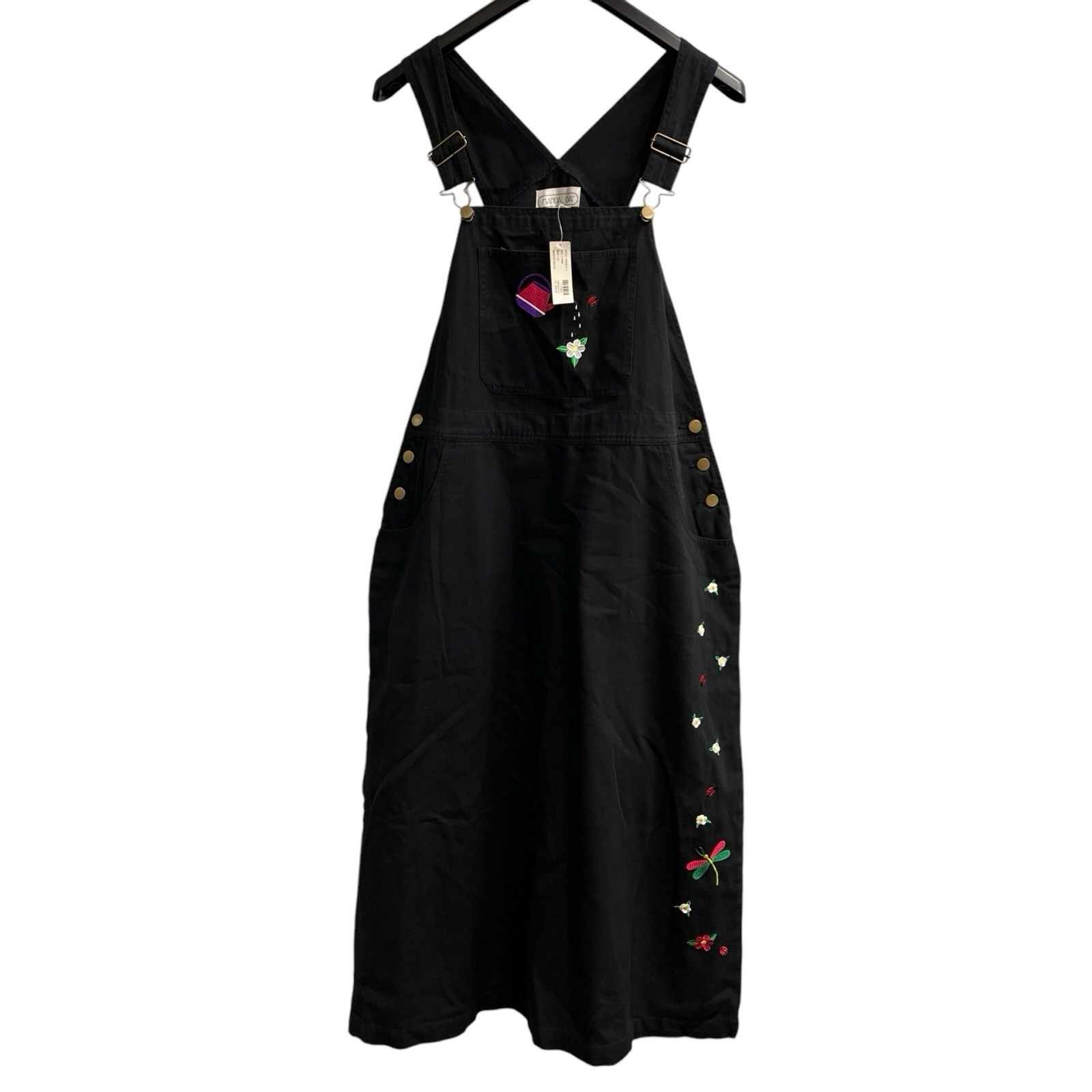 Vintage Mandal Bay Jumper Dress Black Bib Midi Embroidered Size L Gardening