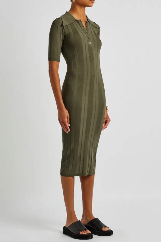 REMAIN BIRGEN CHRISTENSEN Khaki Button Up Ev Ribbed Knit Midi Dress 36 UK 8 £250