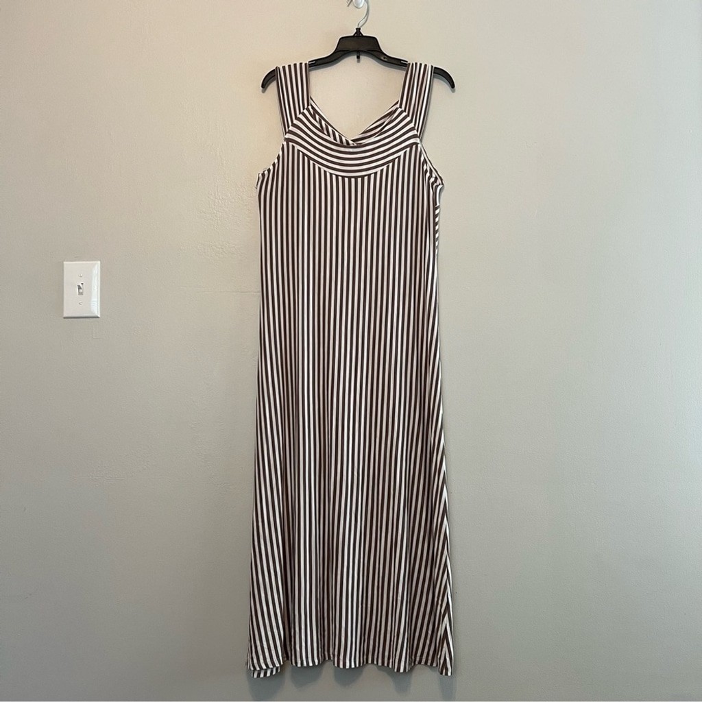 OSO Casuals Viscous Soft Stretchy Maxi Dress in Brown & White Striped Large