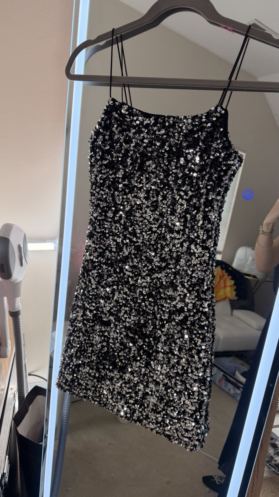 THIRTY/THIRTY LA XS Black/Silver Sequin Straight Neck Bodycon Mini Zip Dress