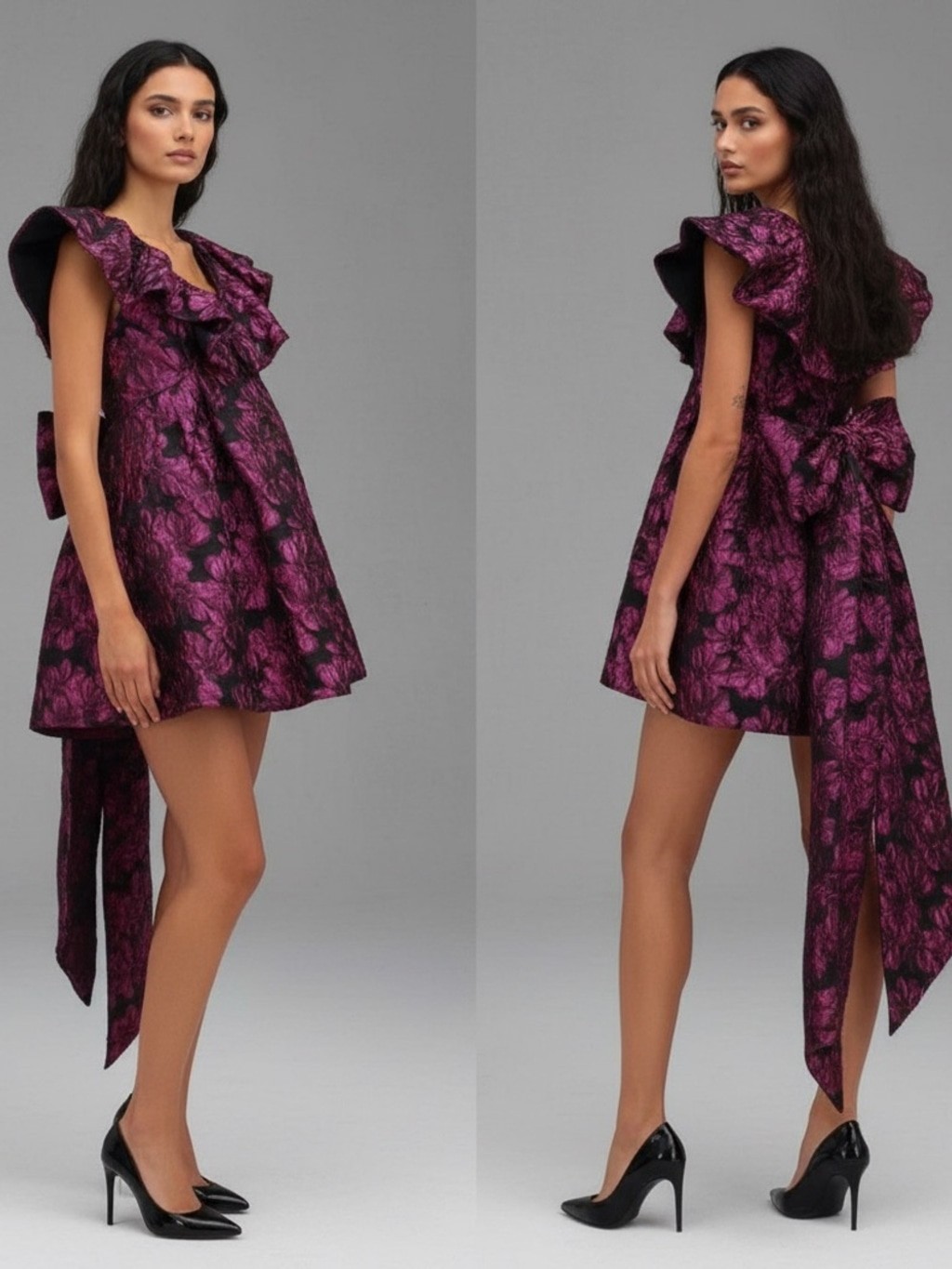 Amy Lynn Jaime ruffle sleeve mini dress with bow back pink floral jacquard Small