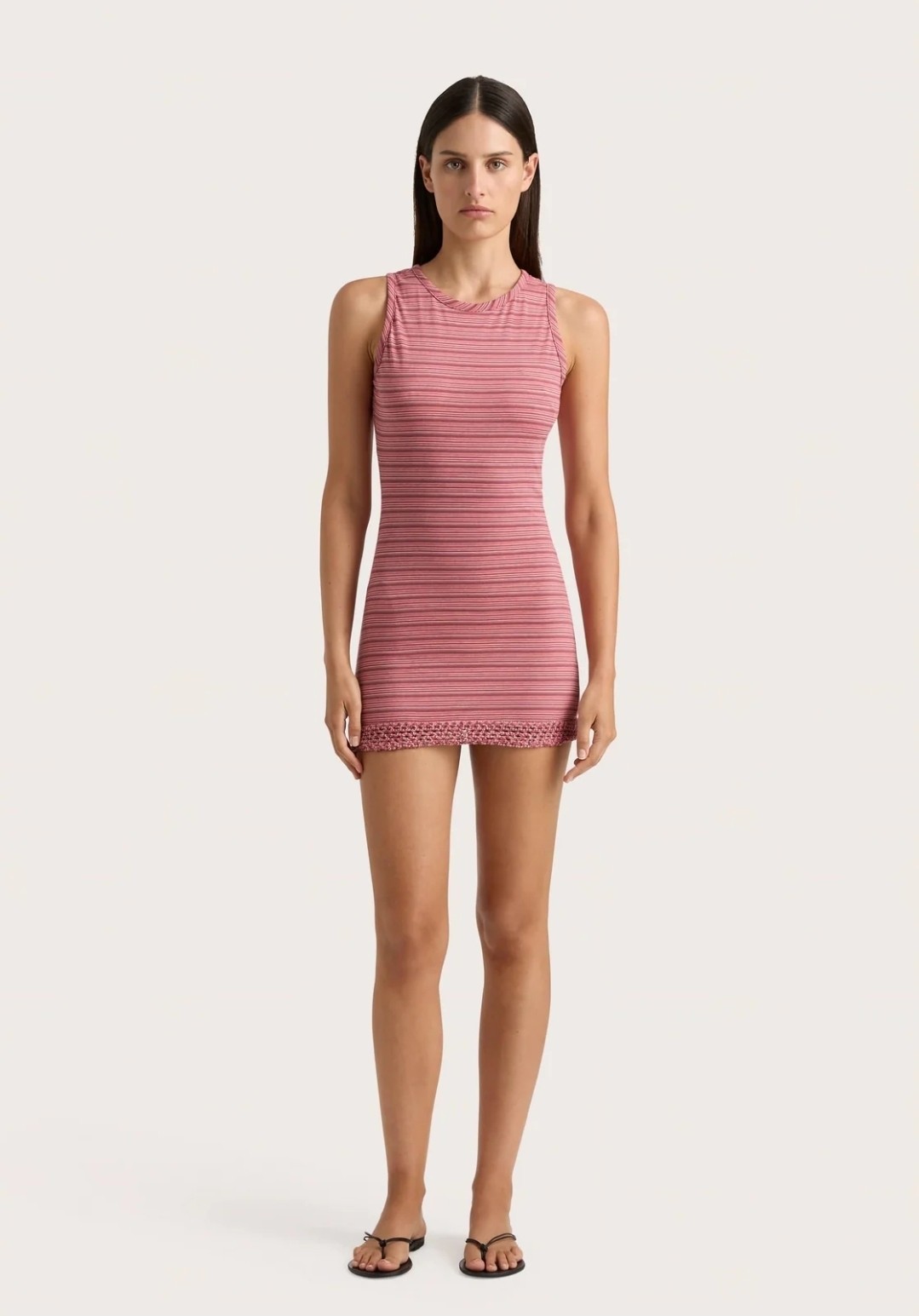 Faithfull The Brand Maceio Mini Dress Womens 2 Pink Striped Crochet Macrame Hem