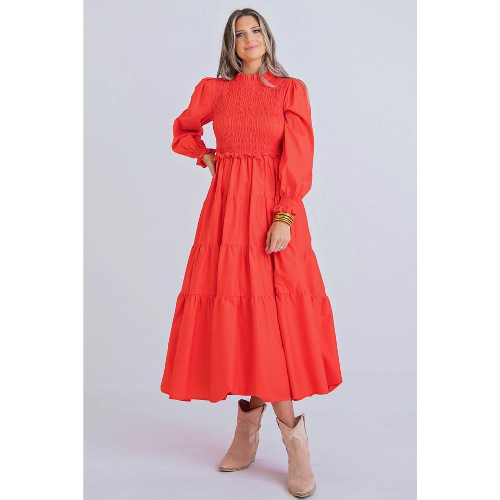 Karlie Women’s Large Red Smocked Tiered Long Sleeve Maxi