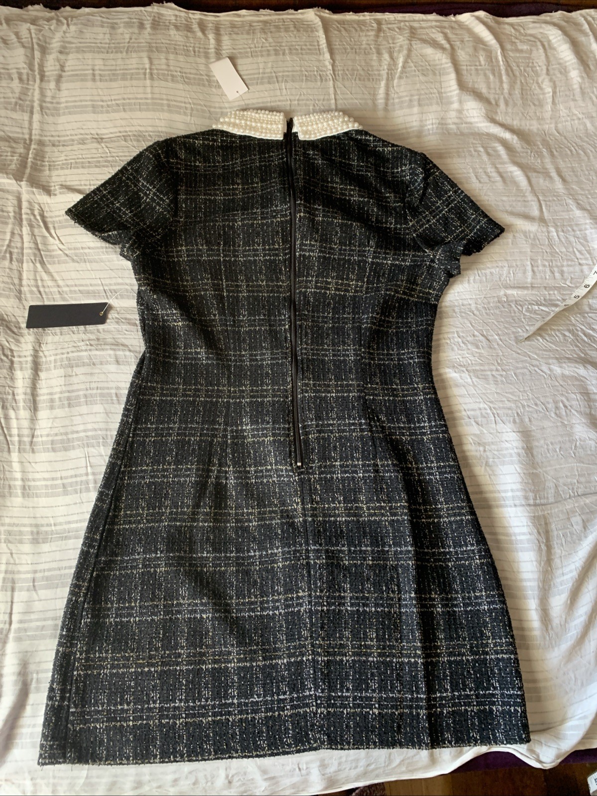 New CITY TRIANGLES Medium Plaid Black Tweed Short Dress Tinsel Pearl Collar CUTE