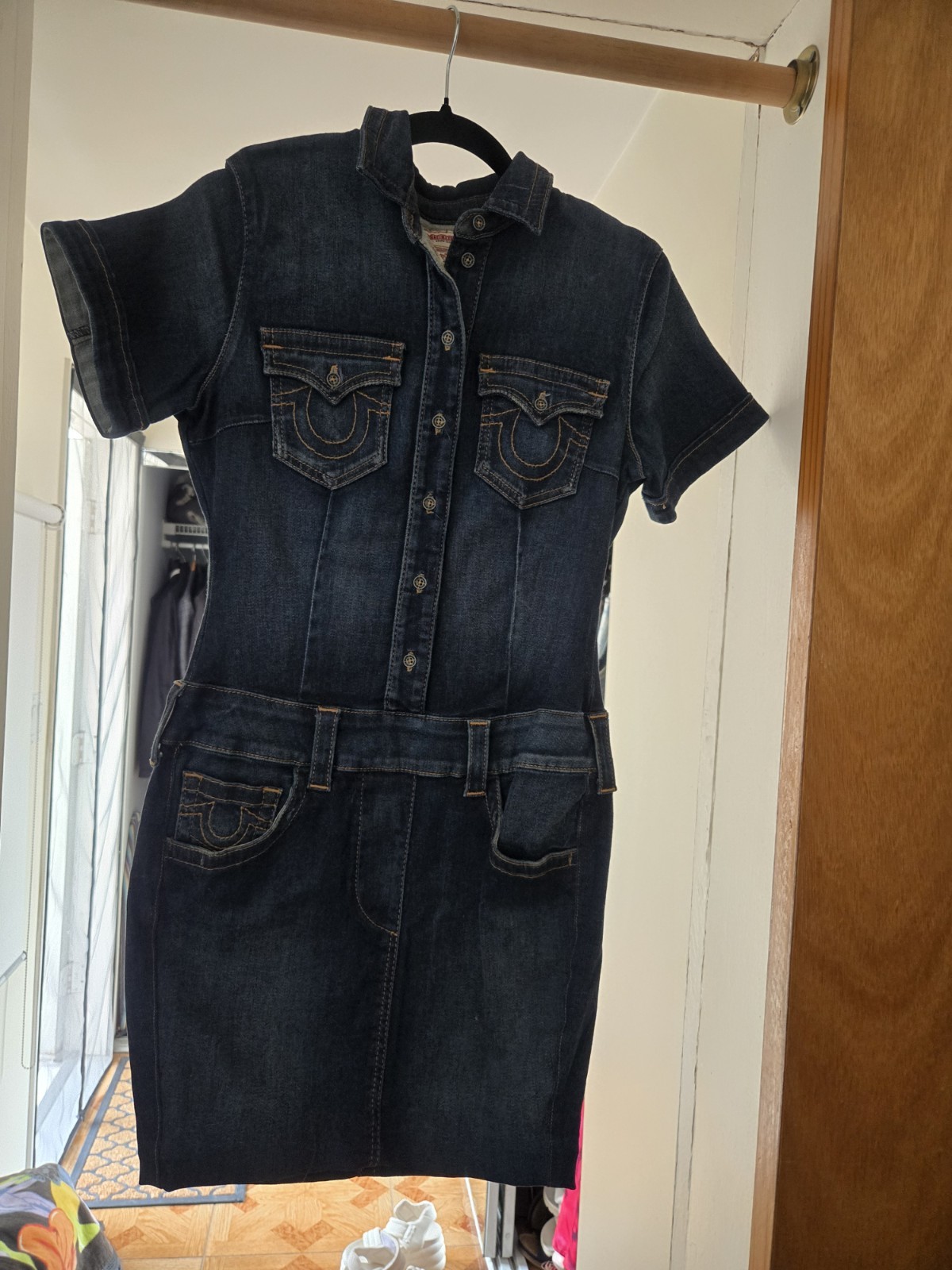 True Religion Womens S/P Blue Denim Shirt Dress Button Front Collared Pockets