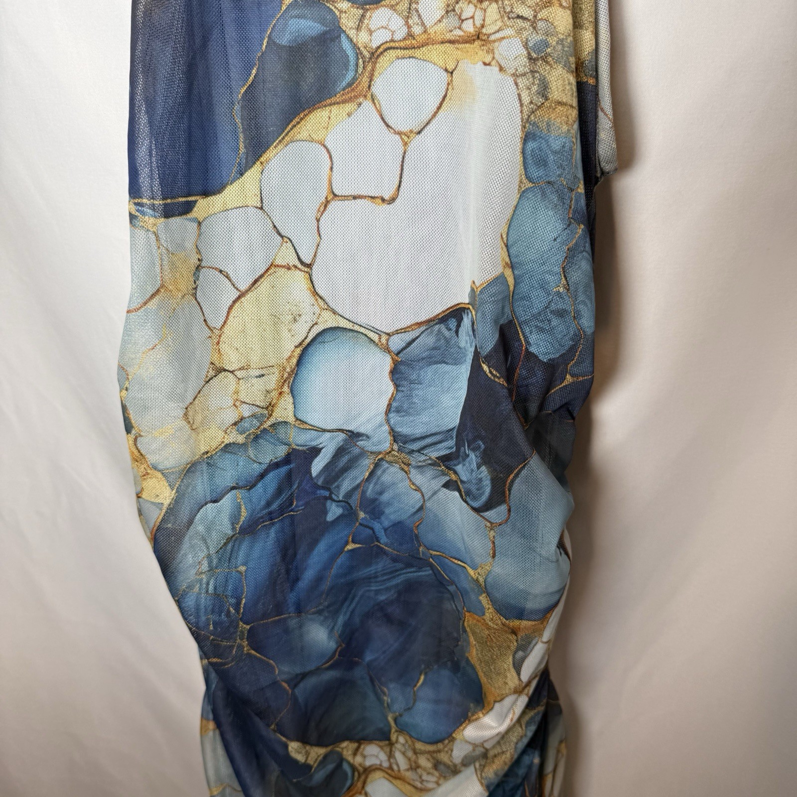 Akira Lorraine Marble Print Mesh Maxi Dress Blue Ruched Bodycon Sleeveless S M