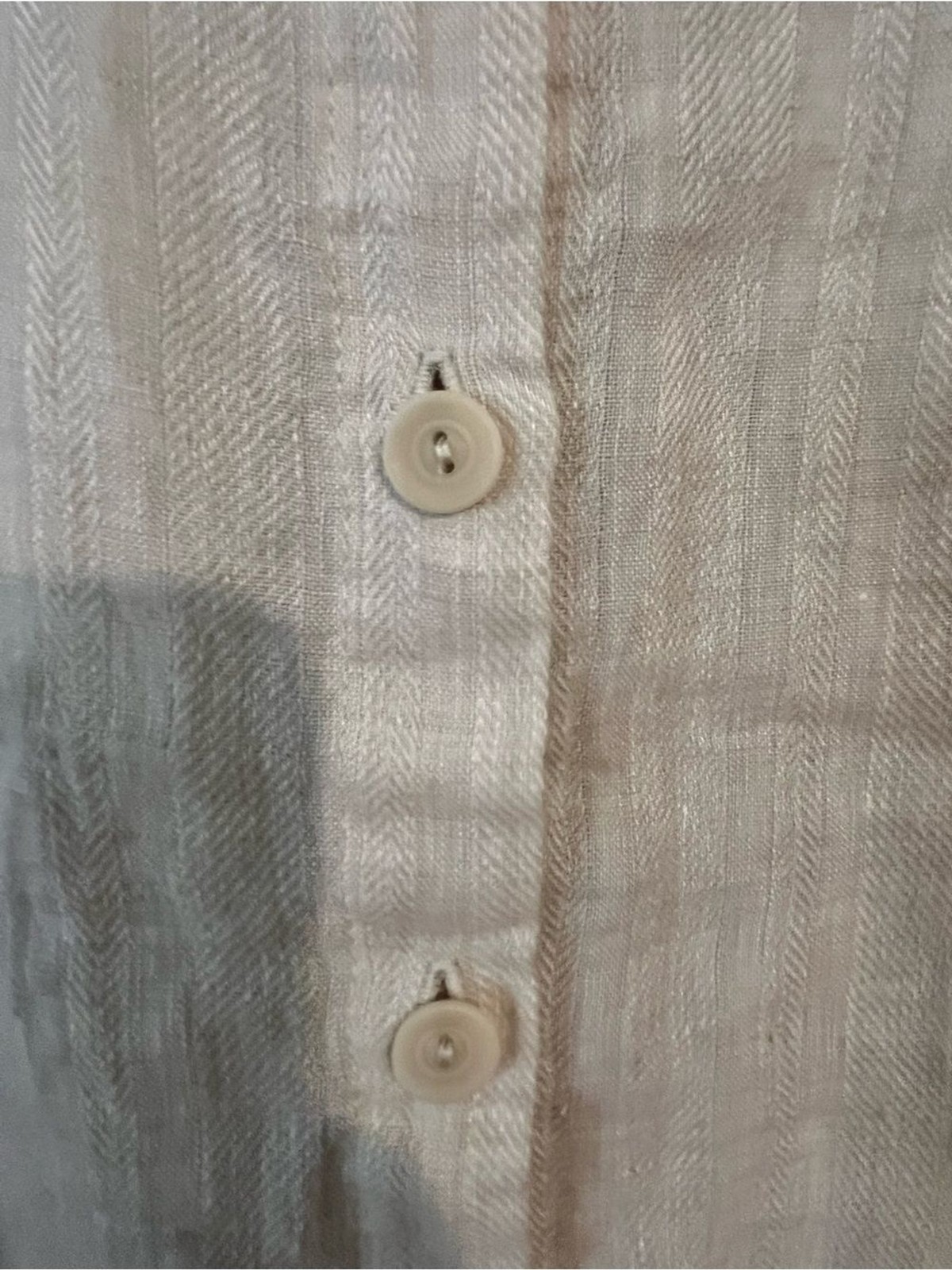Flax Linen Button-Front Long Roll Top Sleeves Dress Coastal Beige Oversized M