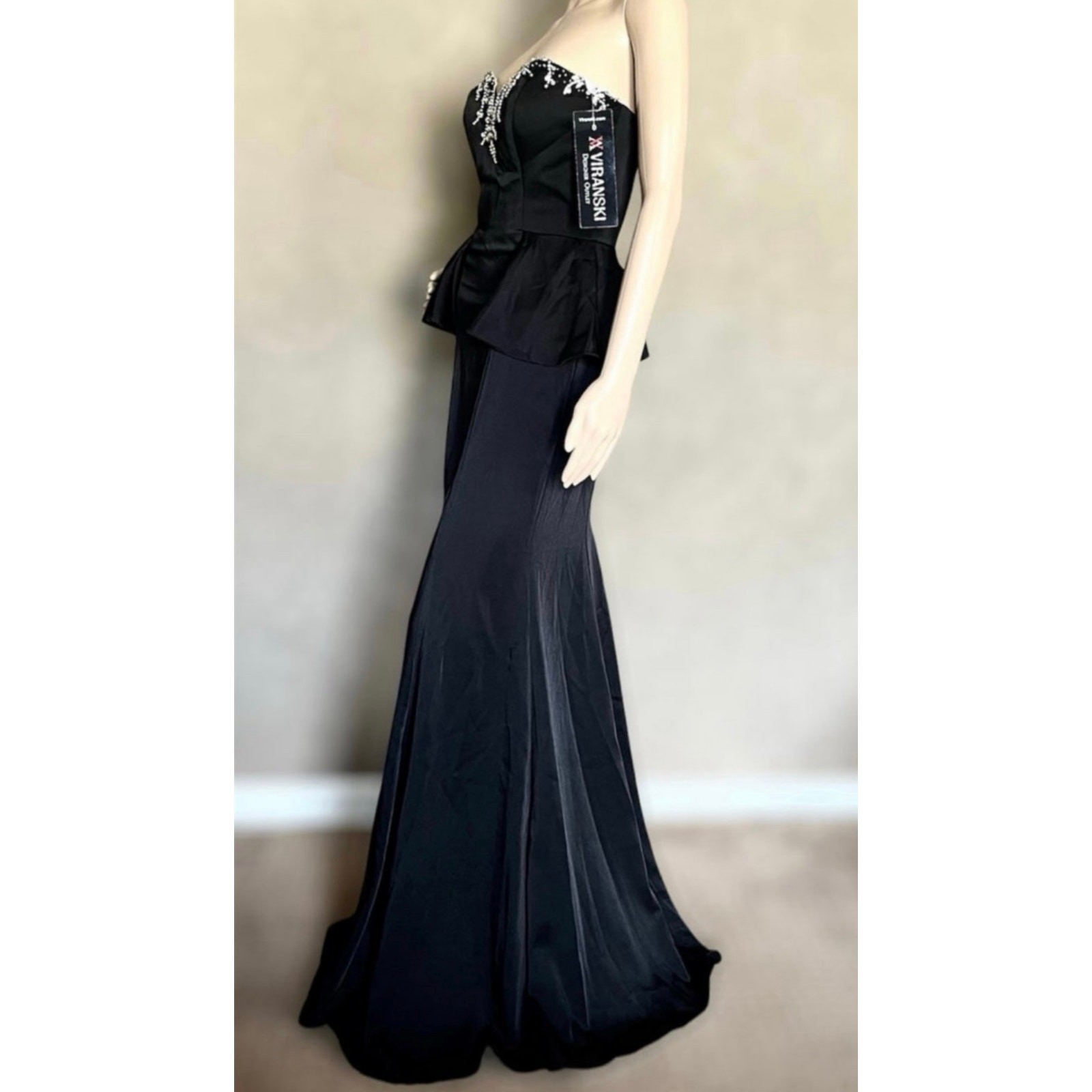 NWT Viranski Dancing Queen Black Beaded Strapless Sweetheart Peplum Mermaid Gown