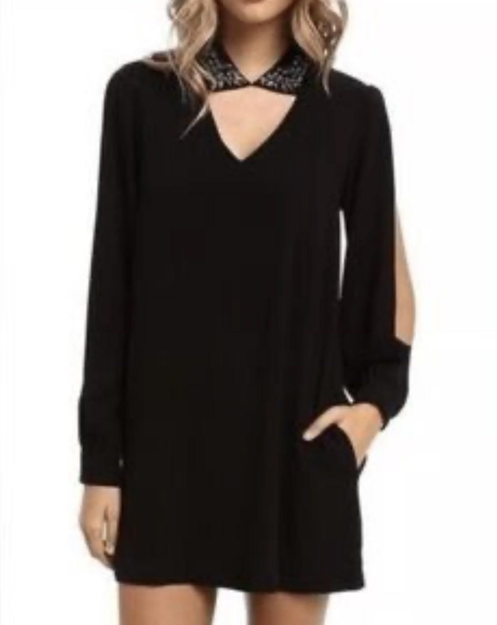 BCBGMAXAZRIA Dress Womens Medium Black Embellished V-Neck Cold Shoulder Shift