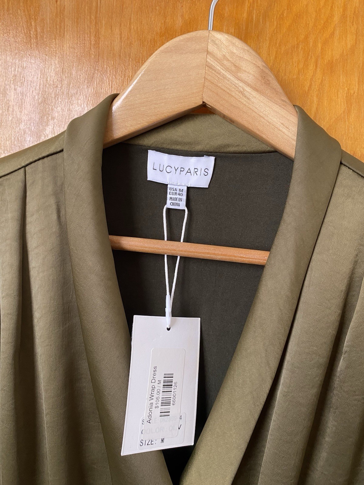 NWT Lucy Paris Adonia Wrap Dress Olive Green Satin Mini sz M long sleeve draped